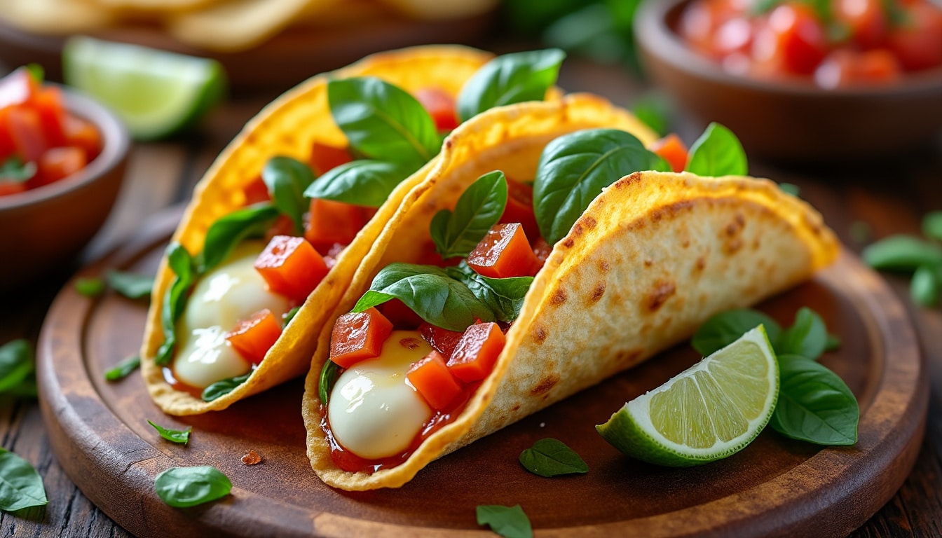 découvrez une recette irrésistible de tacos garnis de mozzarella fumée et de basilic frais. un mariage parfait de saveurs qui saura ravir vos papilles et apporter une touche italienne à vos soirées tacos!