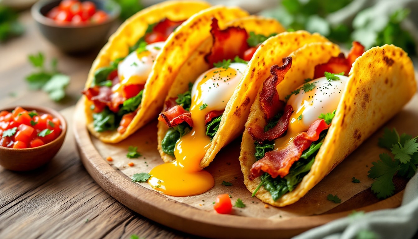 découvrez une délicieuse recette de tacos au bacon croustillant, épinards frais et œufs pochés onctueux. un mélange savoureux qui ravira vos papilles pour un brunch ou un repas rapide et gourmand.