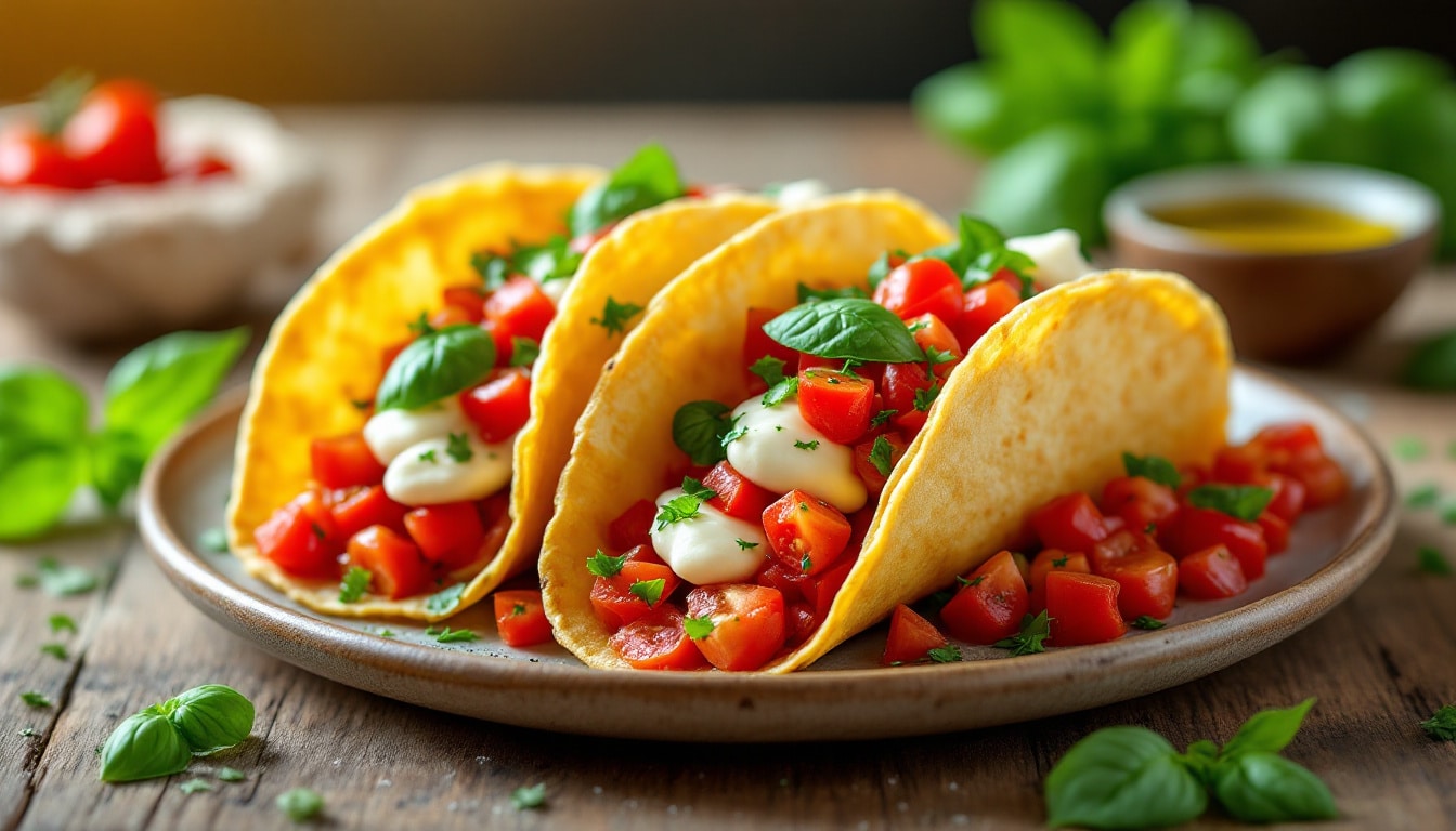 découvrez une délicieuse fusion culinaire avec nos tacos façon bruschetta, alliant la fraîcheur des tomates, le parfum du basilic et la douceur de la mozzarella. une recette gourmande qui vous fera voyager en italie tout en savourant le meilleur de la cuisine mexicaine!