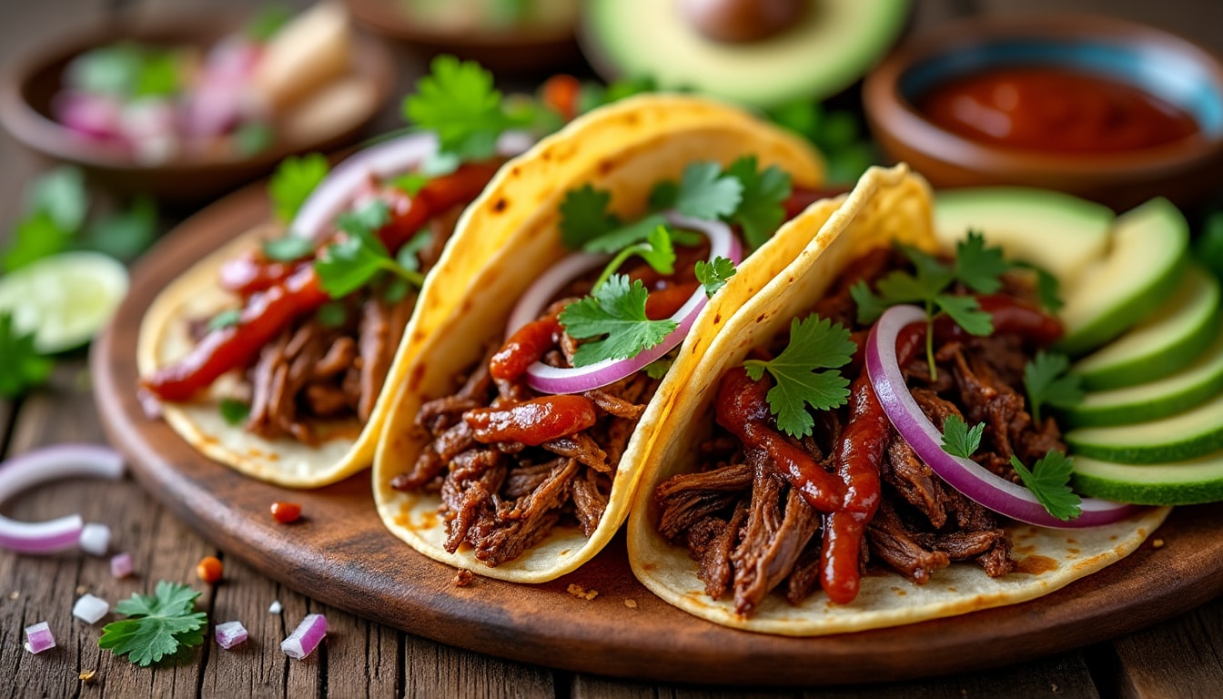 découvrez une explosion de saveurs avec nos tacos au bœuf effiloché, accompagnés d'une sauce bbq fumée irrésistible. un mariage parfait entre tendreté et goût, idéal pour régaler vos papilles à chaque bouchée!