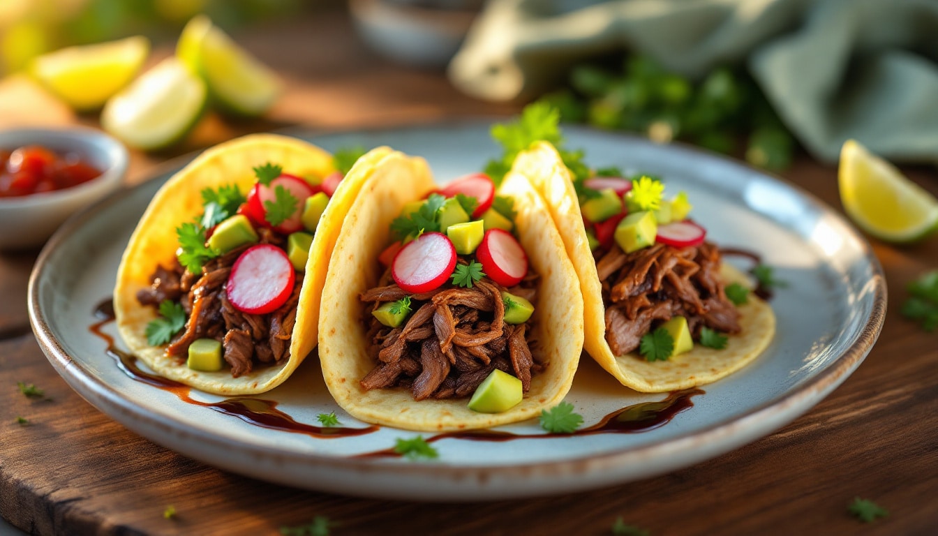 savourez des tacos élaborés avec du canard confit tendre, rehaussés d'une délicieuse réduction de vinaigre balsamique. un mariage de saveurs exquis qui ravira vos papilles !