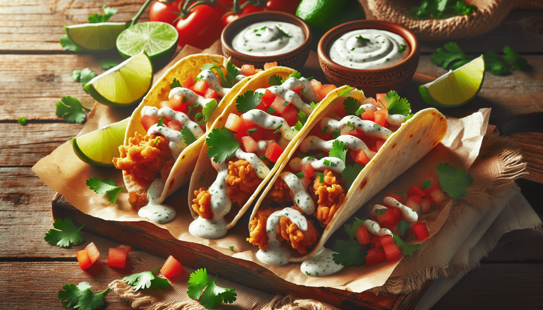 découvrez la recette irrésistible de tacos au poulet frit, accompagnés d'une savoureuse sauce ranch maison. savourez ce mélange parfait de textures et de saveurs qui ravira vos papilles à chaque bouchée.