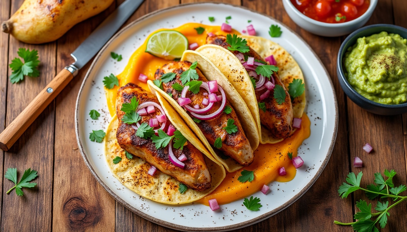 découvrez notre savoureuse recette de tacos au poulet rôti, accompagnée d'une onctueuse purée de courge. un mariage de saveurs idéal pour un repas réconfortant et délicieux, parfait pour toute la famille.