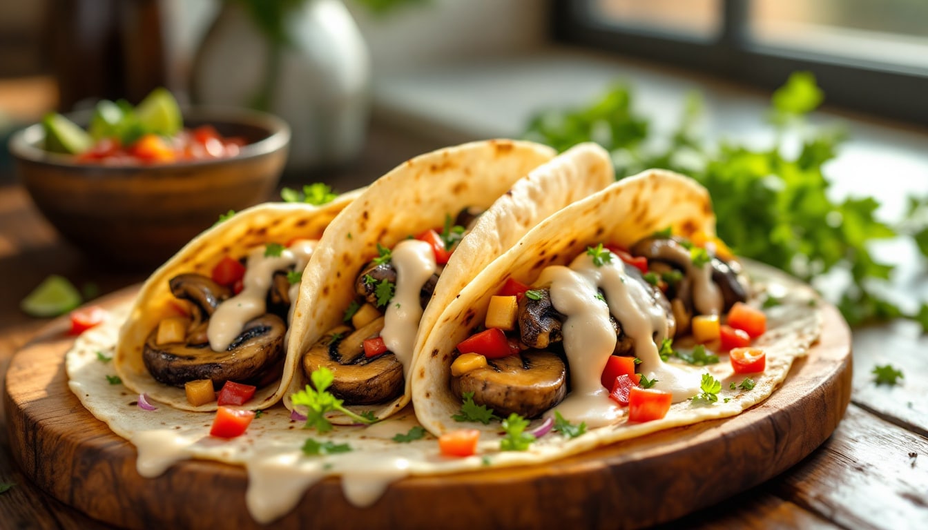découvrez nos délicieux tacos aux champignons portobello, garnis d'une sauce crémeuse irrésistible. parfaits pour un repas savoureux et végétal, ces tacos allient textures et saveurs en une bouchée gourmande. idéaux pour les amateurs de cuisine végétarienne !