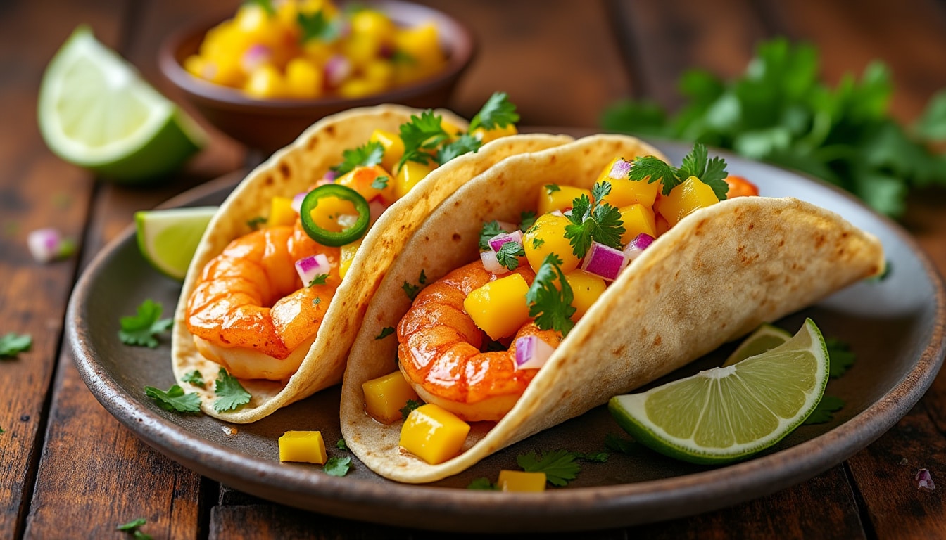 découvrez notre irrésistible recette de tacos aux crevettes flambées, accompagnés d'une salsa rafraîchissante de mangue. une explosion de saveurs marines et fruitées, parfaite pour un repas estival ou une soirée entre amis!