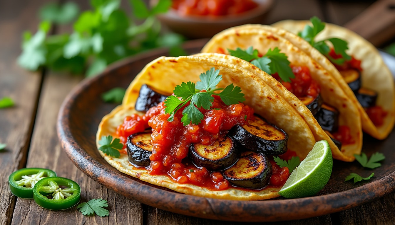 découvrez une recette savoureuse de tacos à l'aubergine grillée, rehaussée d'une sauce tomate épicée. une fusion de saveurs qui éveillera vos papilles et ravira les amateurs de cuisine végétale. parfait pour un repas convivial ou une soirée entre amis !
