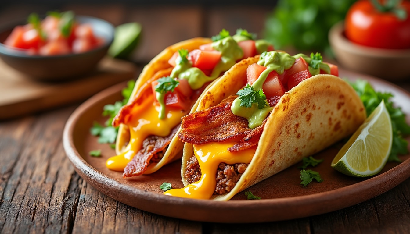 découvrez la recette irrésistible des tacos au bacon et fromage fondu. une délicieuse alliage de saveurs croustillantes et crémeuses qui ravira les amateurs de cuisine gourmande. préparez-vous à régaler vos papilles avec ce plat facile à réaliser !