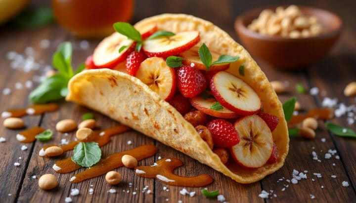 Les tacos au beurre de cacahuète et fruits caramélisés