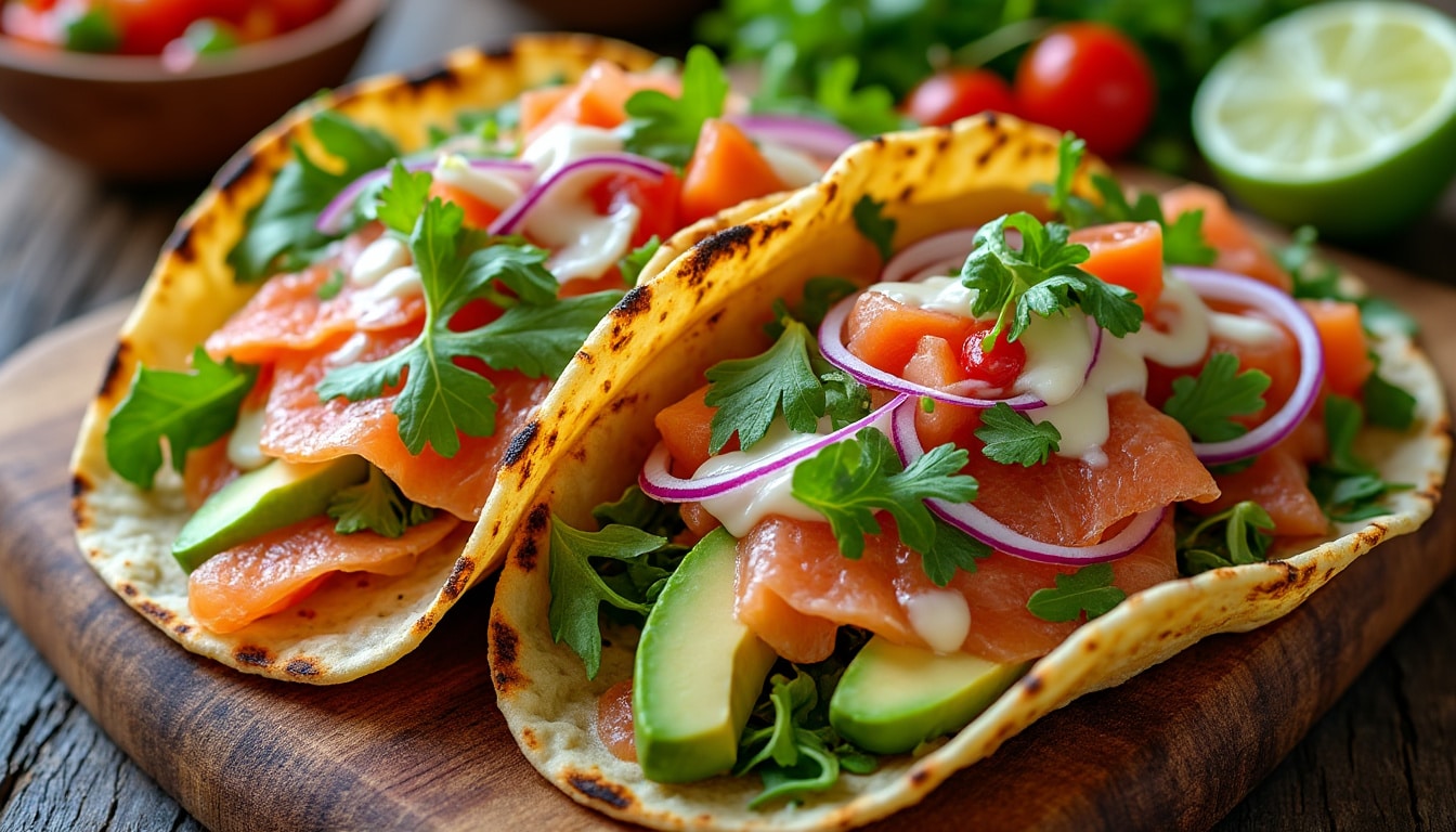 découvrez une recette délicieuse de tacos garnis de fromage frais et de saumon fumé, un mélange savoureux qui ravira vos papilles. parfait pour un repas rapide et original, ces tacos allient fraîcheur et gourmandise en un seul plat.