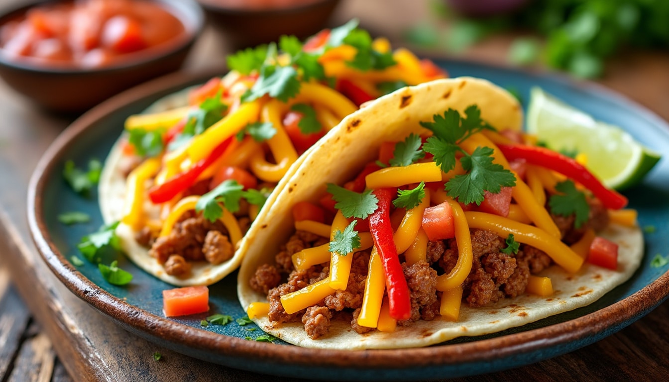 savourez des tacos irrésistibles garnis de fromage râpé fondant et de poivrons doux croquants. une recette délicieuse et facile à préparer qui ravira vos papilles et apportera une touche de chaleur à vos repas. parfait pour les soirées entre amis ou un dîner en famille !