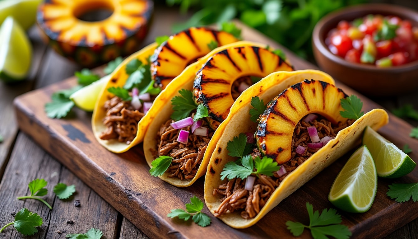 découvrez notre délicieuse recette de tacos au porc effiloché, sublimée par des morceaux d'ananas grillé. un mélange parfait de saveurs sucrées et salées qui ravira vos papilles. idéal pour un repas convivial, ces tacos feront sensation auprès de vos invités !