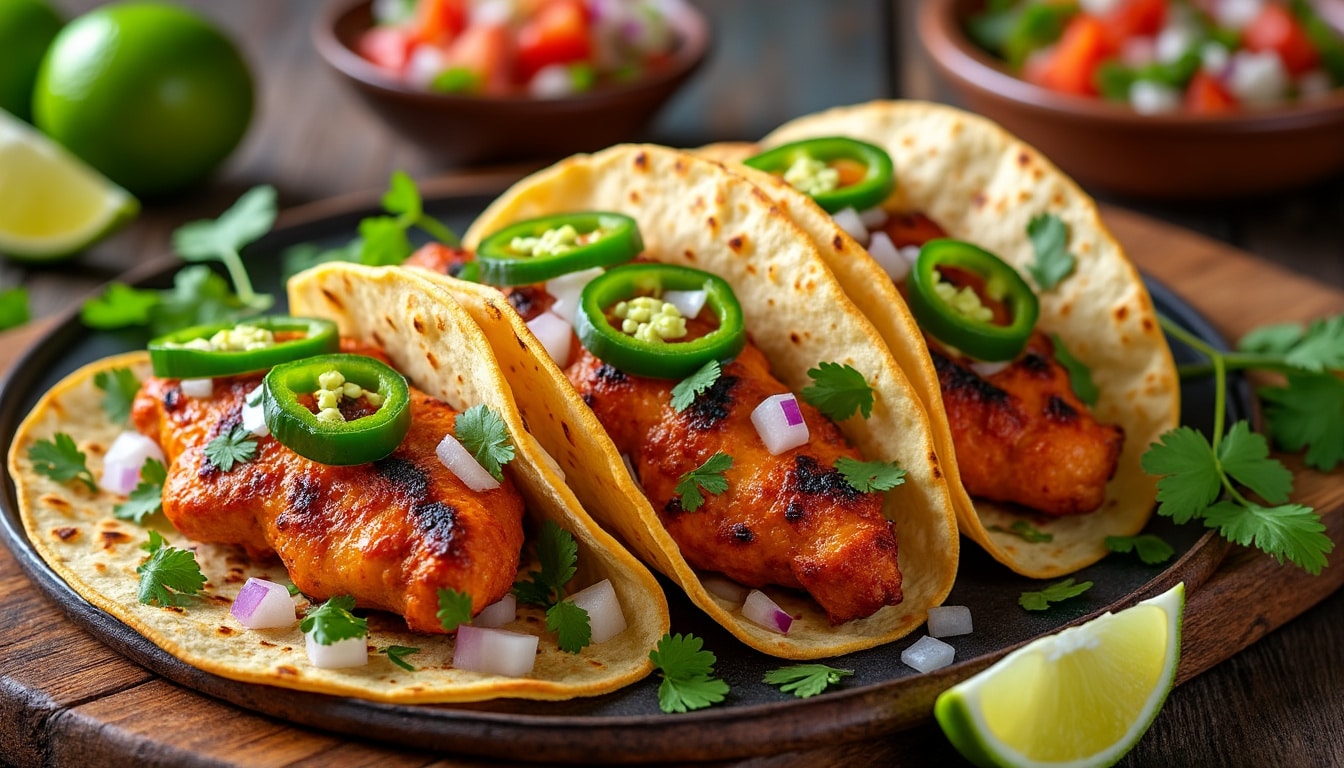 savourez nos délicieux tacos au poulet tandoori, marinés avec des épices exotiques, garnis de coriandre fraîche pour une explosion de saveurs. idéal pour un repas rapide et savoureux qui ravira vos papilles!