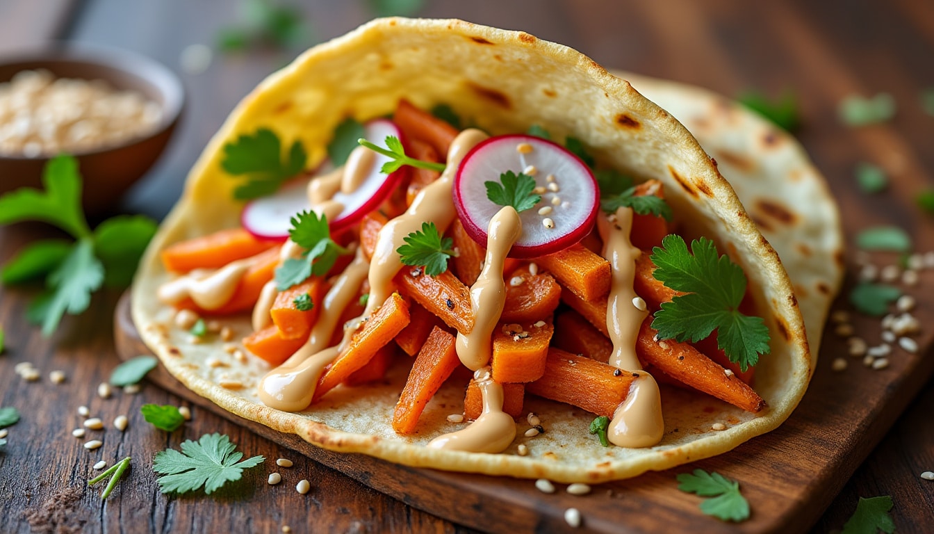 savourez des tacos innovants aux carottes rôties, garnis d'une délicieuse sauce tahini onctueuse. découvrez une recette saine et gourmande qui allie légumes rôtis et saveurs exotiques, parfaite pour un repas végétarien original.