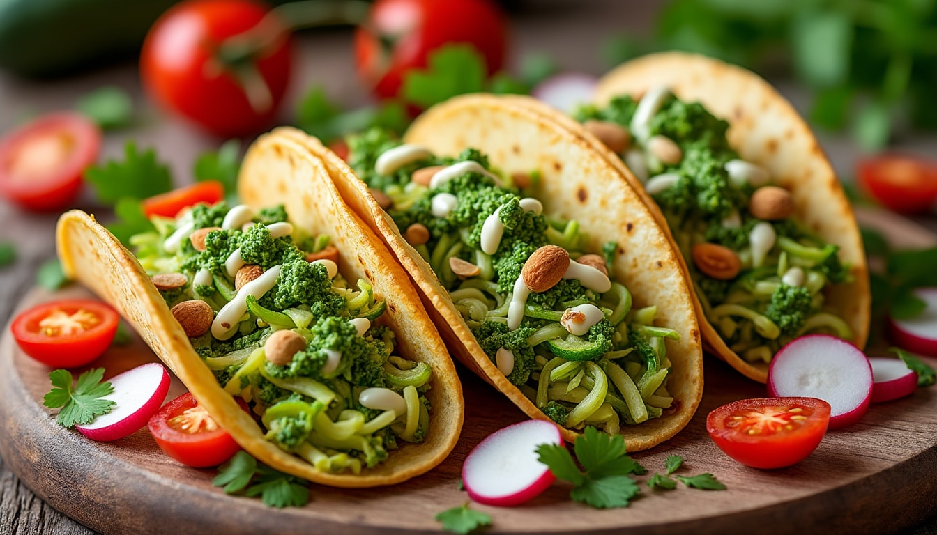 découvrez une recette savoureuse de tacos aux courgettes râpées, rehaussés d'un pesto d'amandes onctueux. parfait pour un repas léger et plein de fraîcheur, ces tacos sont un délice végétal qui ravira vos papilles.