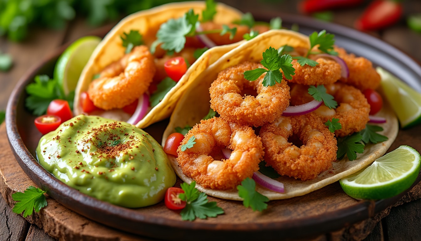 savourez nos délicieux tacos aux crevettes panées, accompagnés d'une onctueuse purée d'avocat. une explosion de saveurs marines et de fraîcheur qui ravira vos papilles !