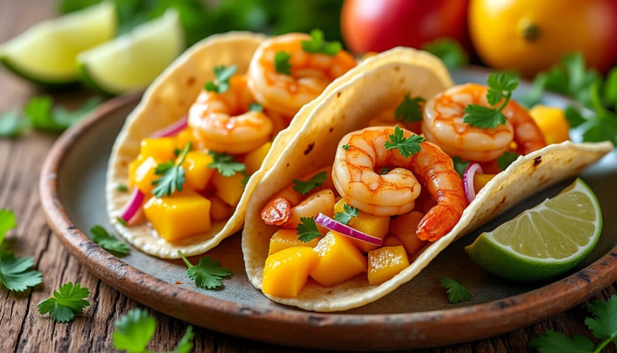 découvrez une recette exotique alliant saveurs sucrées et salées avec nos tacos à la mangue et crevettes. un plat coloré et rafraîchissant qui ravira vos papilles et égayera vos repas. parfait pour un dîner original ou une soirée entre amis !