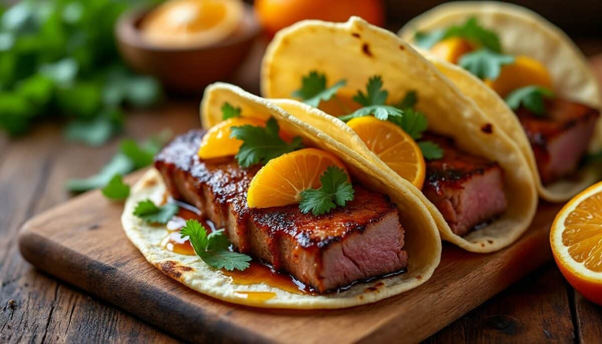 découvrez une fusion gourmande avec nos tacos au magret de canard délicatement assaisonné, accompagnés d'oranges confites sucrées et acidulées. une expérience culinaire unique qui éveillera vos sens !