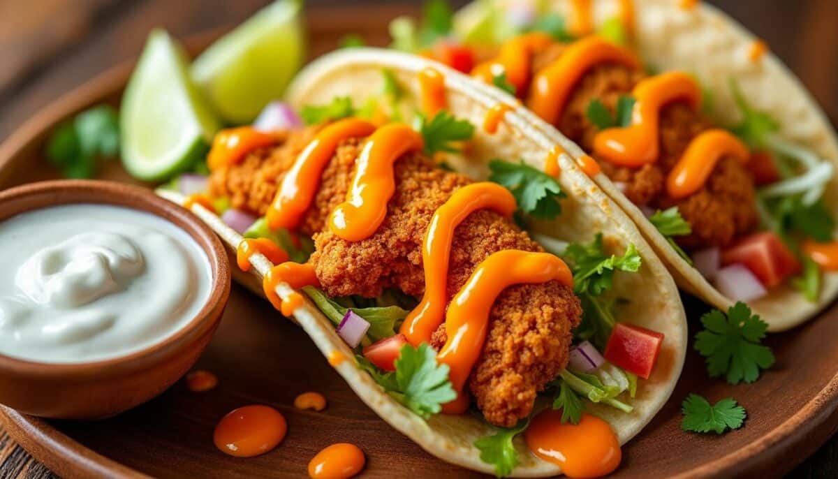 découvrez nos délicieux tacos au poulet croustillant, enrobés d'une sauce buffalo épicée qui réveille vos papilles. parfaits pour un repas savoureux, ces tacos allient croustillant et relevé pour une expérience gustative inoubliable.