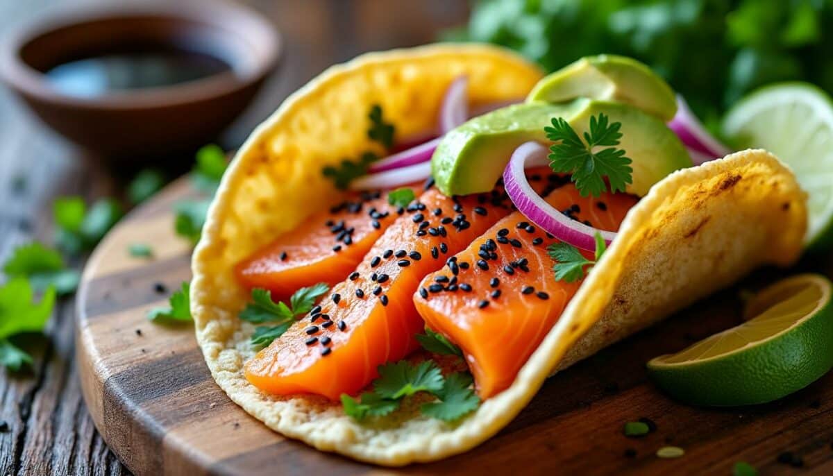 découvrez une explosion de saveurs avec nos délicieux tacos au saumon cru, rehaussés de sésame noir croquant. un mélange parfait de fraîcheur et de textures pour une expérience culinaire unique qui ravira vos papilles !