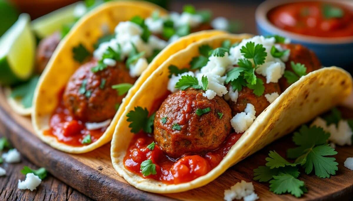 savourez des tacos gourmands garnis de boulettes de viande juteuses et nappés d'une sauce tomate savoureuse. une fusion parfaite de saveurs qui égayera vos papilles à chaque bouchée. idéal pour un repas convivial !