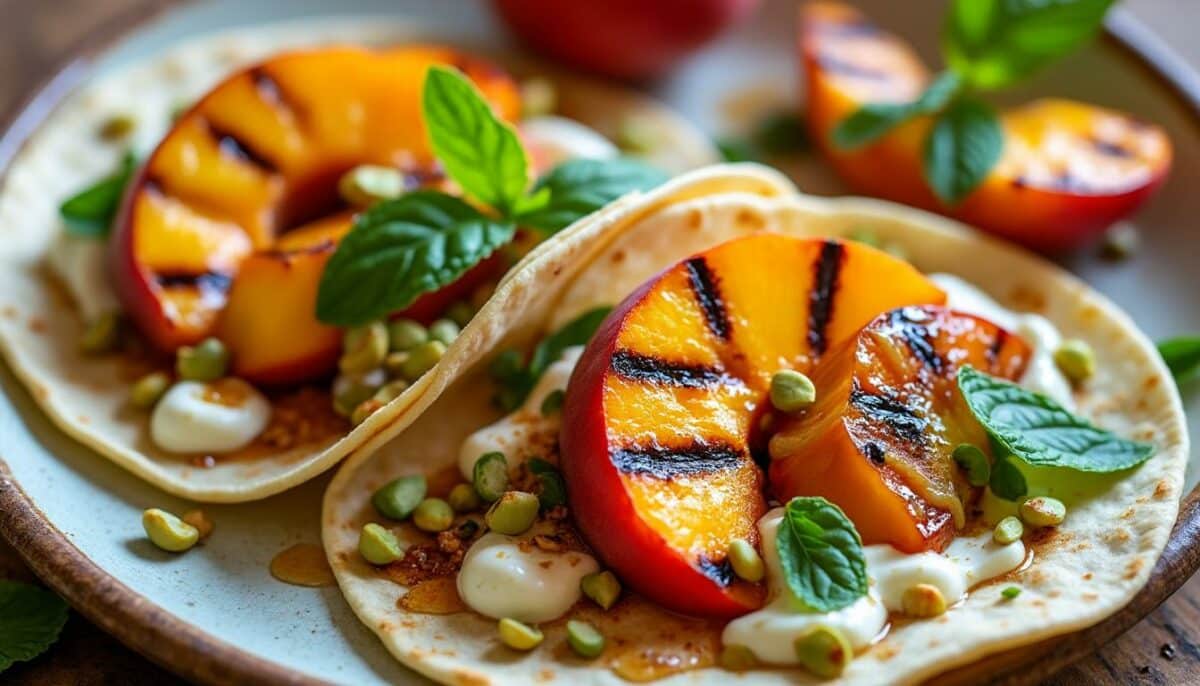 découvrez une recette délicieuse et originale de tacos aux pêches grillées et mascarpone. une harmonie parfaite entre la douceur des pêches et la crémeux du mascarpone, idéale pour surprendre vos convives lors de vos repas d'été.