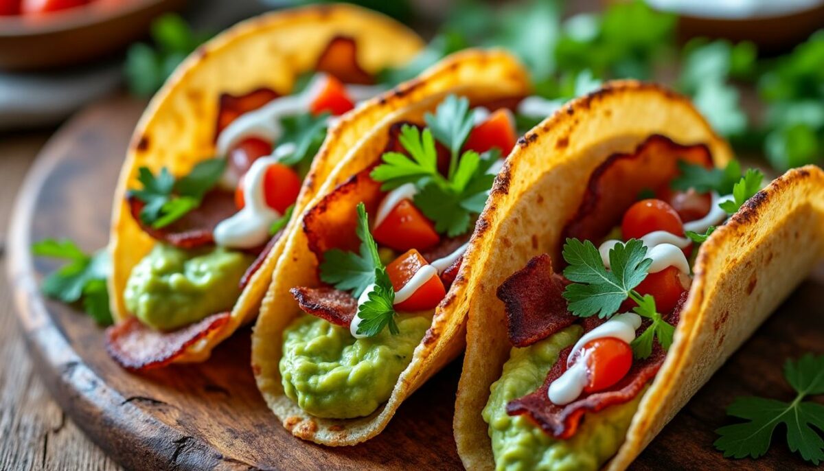 découvrez notre délicieuse recette de tacos au bacon, garnis d'une onctueuse purée d'avocat. un mélange parfait de saveurs qui ravira vos papilles à chaque bouchée. idéal pour un repas savoureux et rapide à préparer !