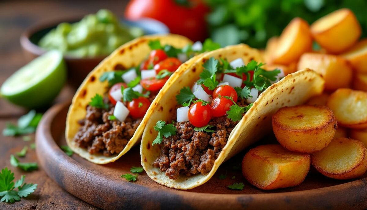 savourez des tacos au bœuf épicé accompagnés de délicieuses pommes de terre. une explosion de saveurs qui ravira vos papilles et apportera une touche de chaleur à votre repas. parfait pour une soirée gourmande entre amis ou en famille.