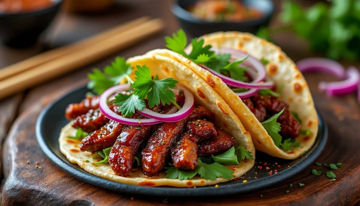 découvrez une fusion inédite avec nos tacos au canard laqué, relevés par le piquant du poivre de sichuan. préparez-vous à une explosion de saveurs alliant la tendreté du canard à des épices uniques, pour une expérience culinaire qui mettra vos papilles en émoi.