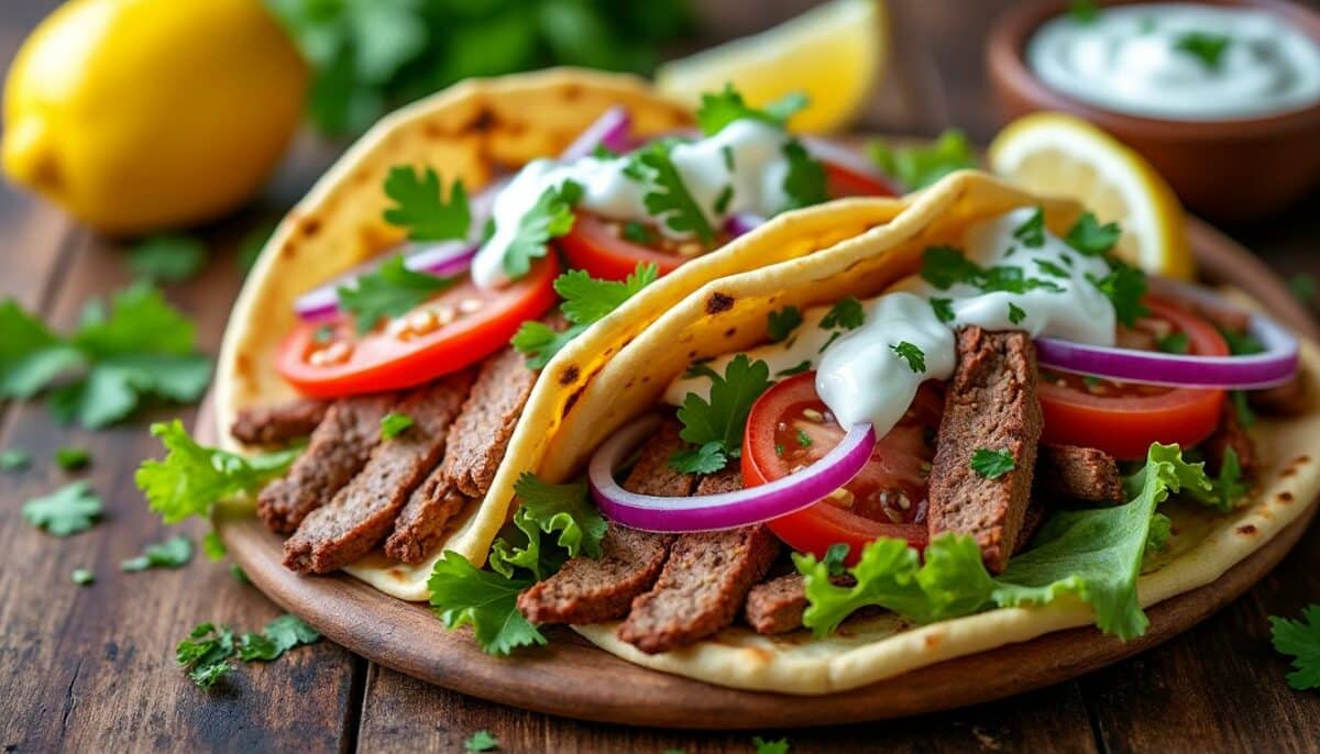 découvrez notre délicieux tacos façon gyros, garni de viandes savoureuses et d'une onctueuse sauce tzatziki. parfait pour un repas rapide et réconfortant, ces tacos allient la cuisine méditerranéenne au plaisir du street food. régalez vos papilles avec cette fusion de saveurs !