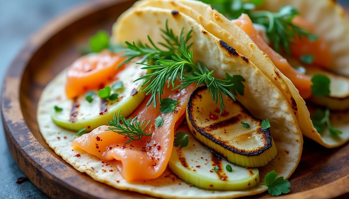 découvrez des tacos savoureux alliant la douceur du fenouil grillé et le goût délicat du saumon fumé. une recette originale et gourmande qui éveille les papilles avec des saveurs méditerranéennes.