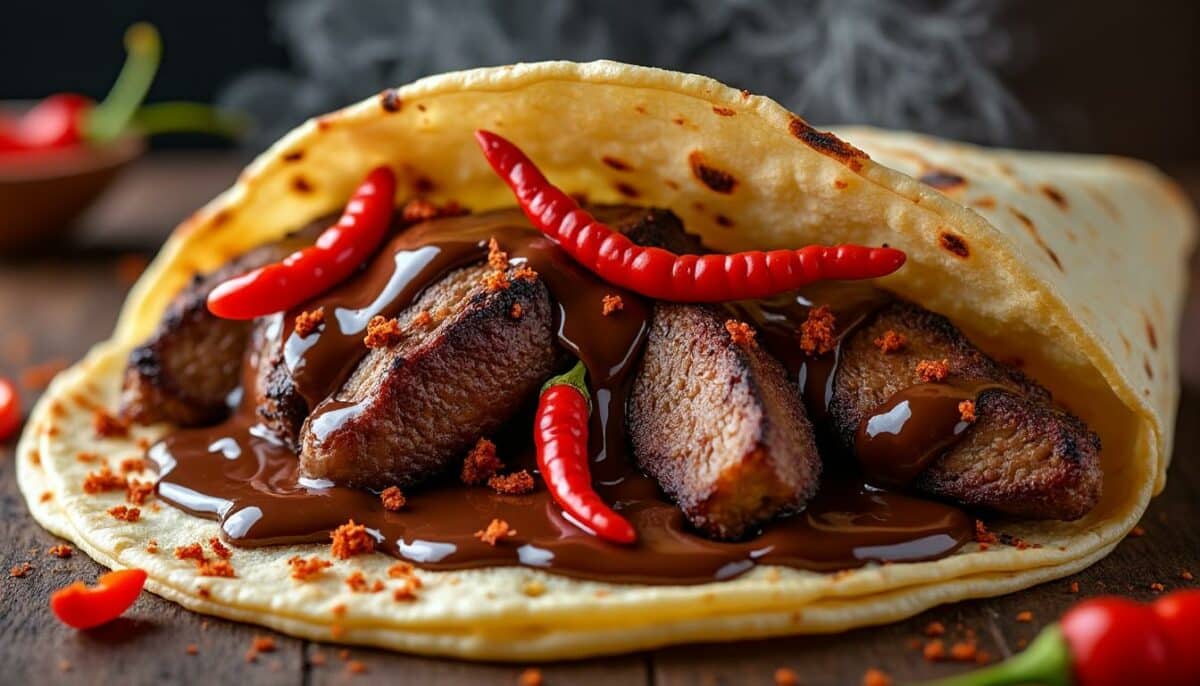 découvrez une expérience culinaire audacieuse avec nos tacos garnis d'une sauce chocolatée épicée au piment. un mariage surprenant de saveurs sucrées et piquantes qui ravira vos papilles. parfait pour les amateurs de sensations fortes et les gourmets en quête d'originalité!