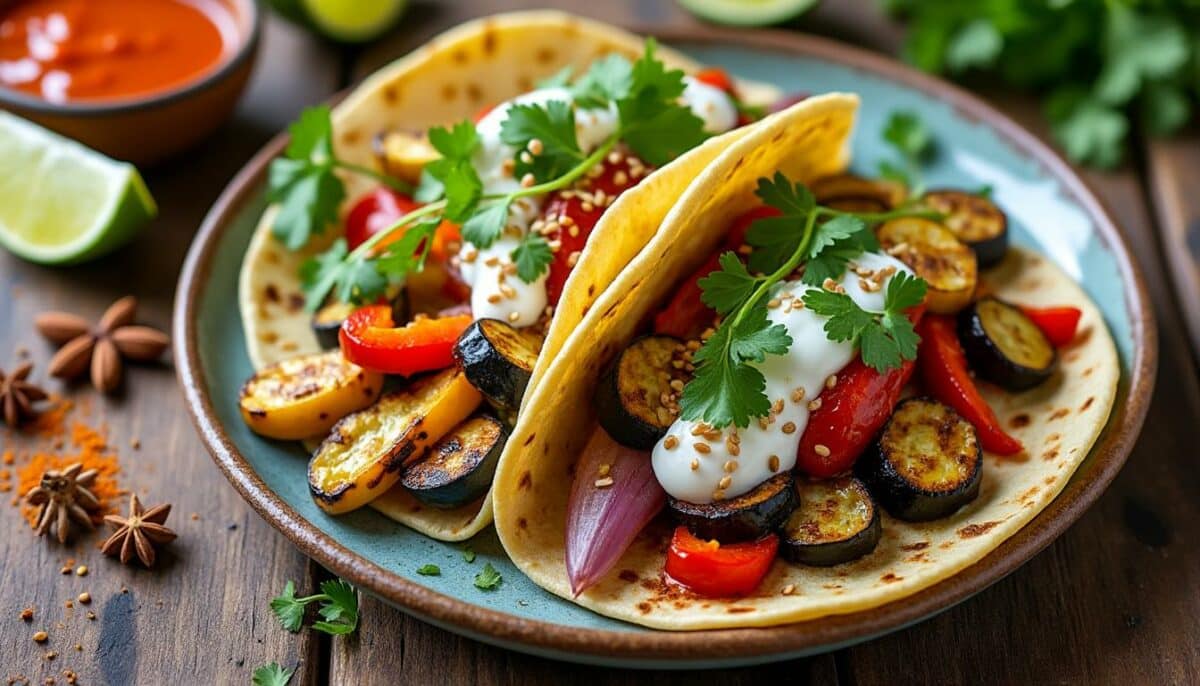 découvrez notre délicieux plat de tacos aux épices marocaines, sublimé par des légumes grillés savoureux. une explosion de saveurs qui éveillera vos papilles et vous transportera au cœur des délices d'orient.