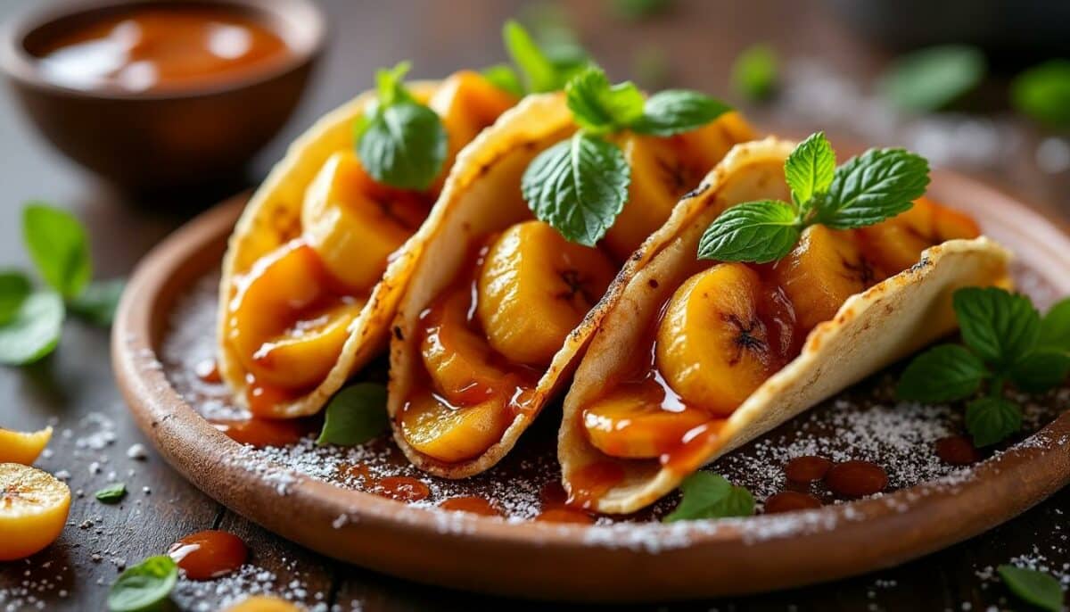 découvrez l'irrésistible fusion des saveurs avec nos tacos à la banane flambée, nappés d'une onctueuse sauce caramel. une expérience culinaire inédite qui allie douceur et croquant, idéale pour éveiller vos papilles. laissez-vous tenter par cette gourmandise unique!