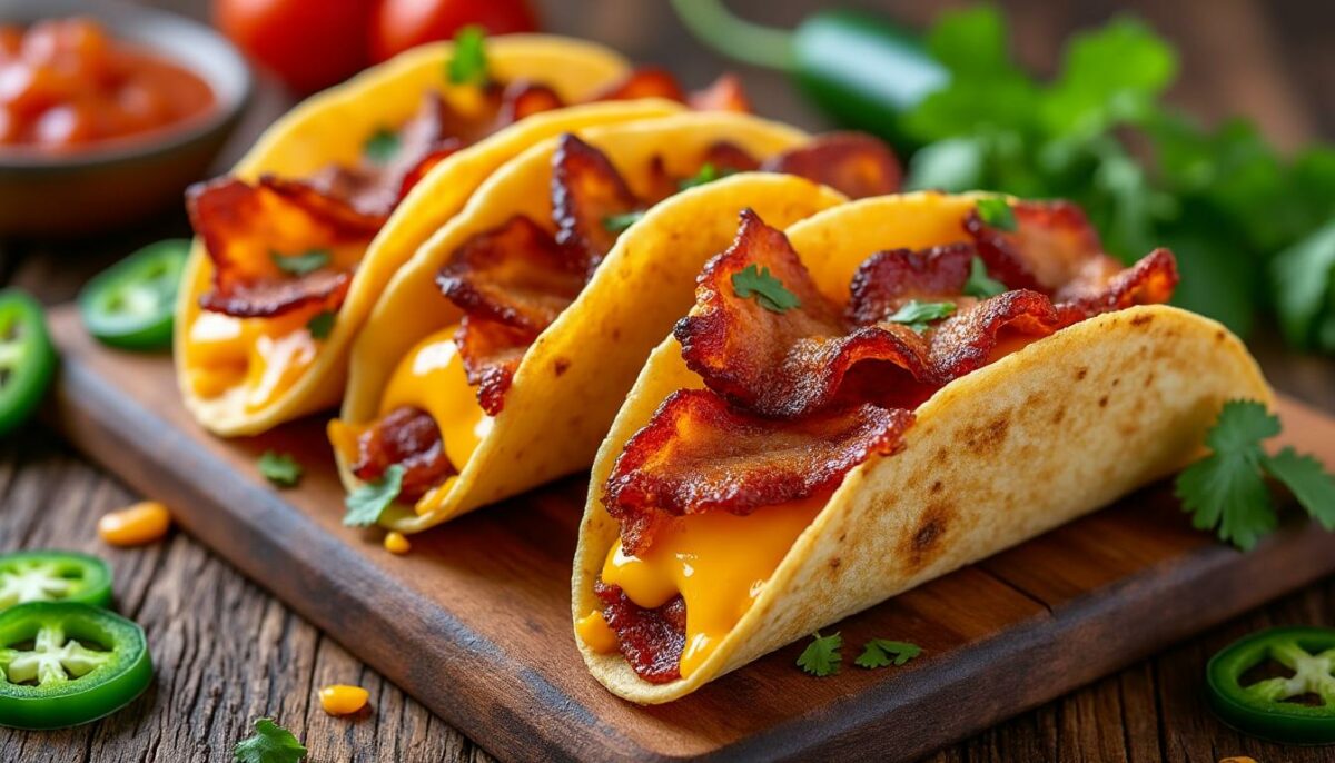 découvrez nos tacos gourmands au bacon croustillant et cheddar fondu : un mariage parfait de saveurs fondantes et de croquant, idéal pour un repas convivial et savoureux !