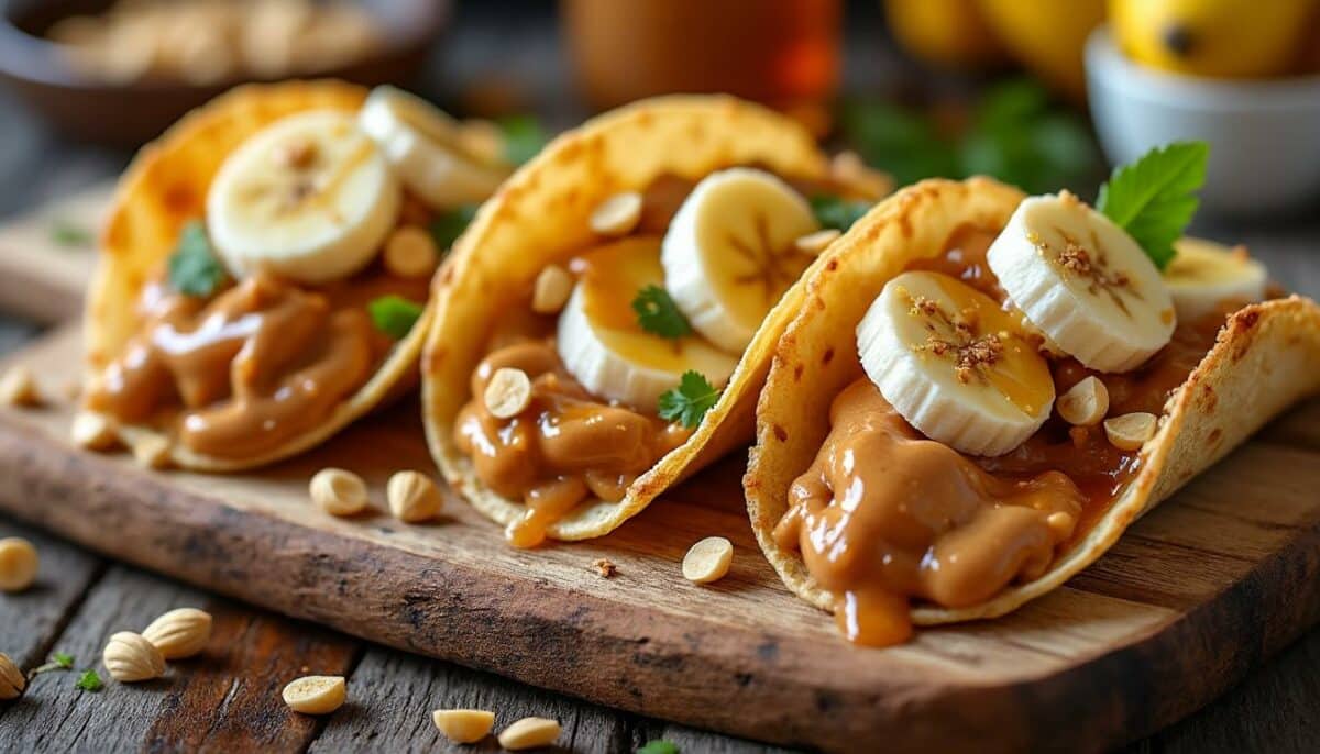 découvrez un dessert original avec les tacos au beurre d’arachide et banane : une combinaison gourmande et surprenante à tester pour satisfaire toutes vos envies sucrées.