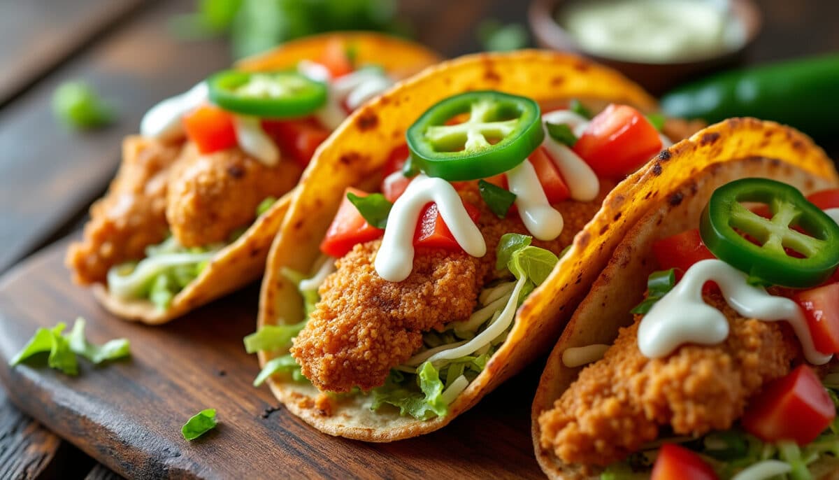 découvrez nos tacos au poulet frit : une alliance irrésistible de croustillant et de saveurs. parfaits pour un repas gourmand et convivial, à partager entre amis ou en famille !