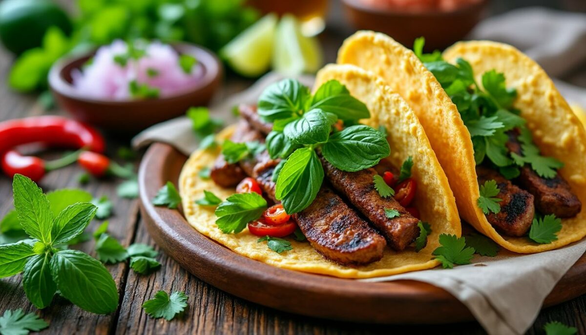 découvrez des tacos savoureux aux herbes fraîches, associant menthe, coriandre et basilic pour une explosion de saveurs. idéal pour des repas légers et parfumés, faciles à préparer et riches en fraîcheur !